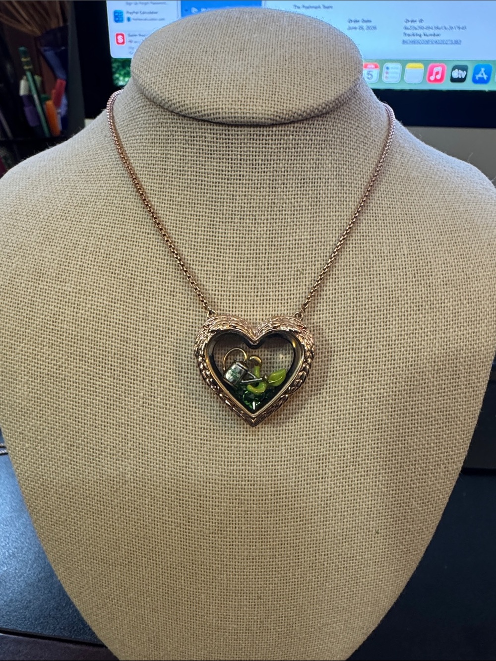 Rose Gold Heart Pendant Necklace with Green Accents